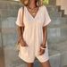 Summer Solid Color V Neck Jumpsuit For Women With Batwing Sleeves Pockets And Zipper Loose Fit American Fashion Short Sleeve_ecoleips.com