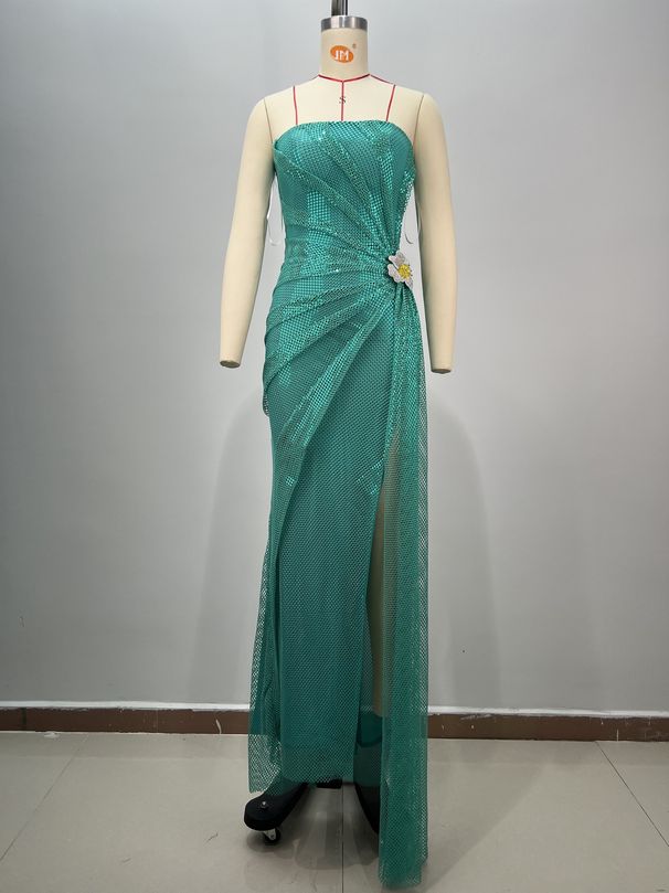 Women's Clothing Hot Selling Tube Top Mesh Diamond Piece Pleated Open Hairpin Sexy Green Evening Dress_ecoleips.com
