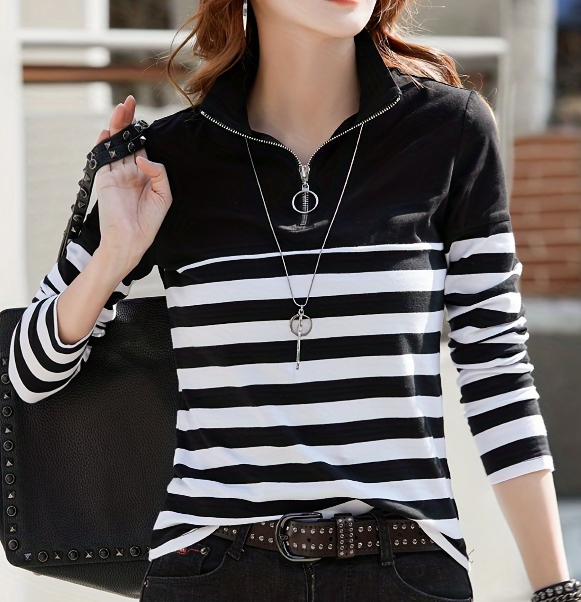 Women's Striped Semi-zipper Long-sleeved Turtleneck Tops Fashionable And Casual Knitted Tops Can Not Be Dry-cleaned_ecoleips.com