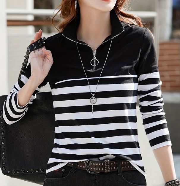 Women's Striped Semi-zipper Long-sleeved Turtleneck Tops Fashionable And Casual Knitted Tops Can Not Be Dry-cleaned_ecoleips.com