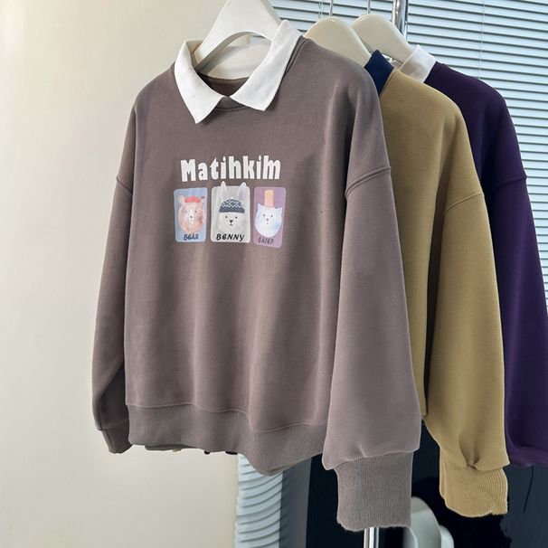 European American Style Printed Spring Autumn Thin Polo Collar Long-sleeve Sweatshirt For Women, Loose And Versatile,_ecoleips.com