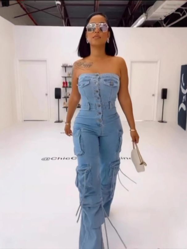 Women's Clothing New Tube Top Multi Pocket Workwear Jeans Jumpsuit Suit Multi Button_ecoleips.com
