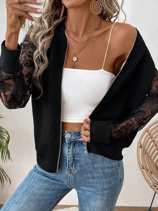 Elegant Women's Lace-Trimmed Baseball Jacket With Long Sleeves – Stylish & Comfortable Outerwear For Fall & Winter_ecoleips.com