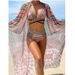 Three Piece Swimsuit Set High Waist Cross Strap Bikini Print Sheer Cap Sexy Vacation Style Polyester Swimwear For Women_ecoleips.com