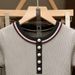 Contrast Stripe Knit Top - Slim-Fit Grey Ribbed Short Sleeve Shirt For Women, Minimalist Japanese Style Casual Wear_ecoleips.com