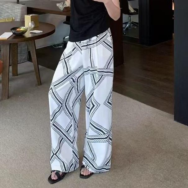 Summer Retro Hong Kong Style Digital Print Casual Straight Leg Pants High End Feel for Women_ecoleips.com