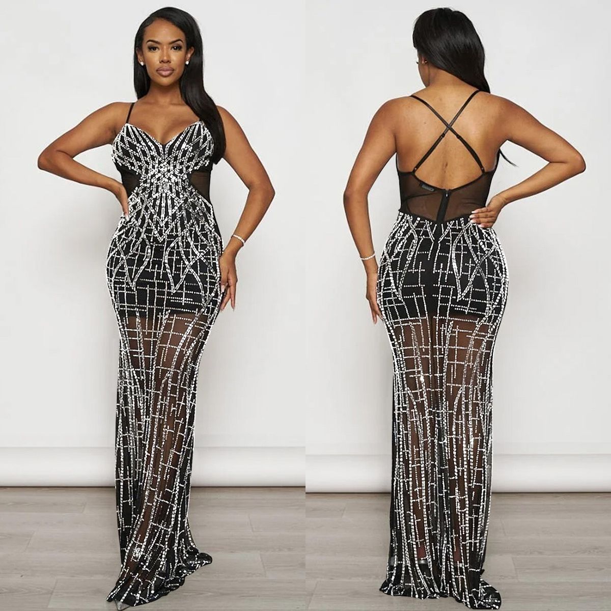 Women's Clothing Solid Color Mesh Hot Diamond Sling Low Cut Sexy Backpack Hip Dress Dress_ecoleips.com