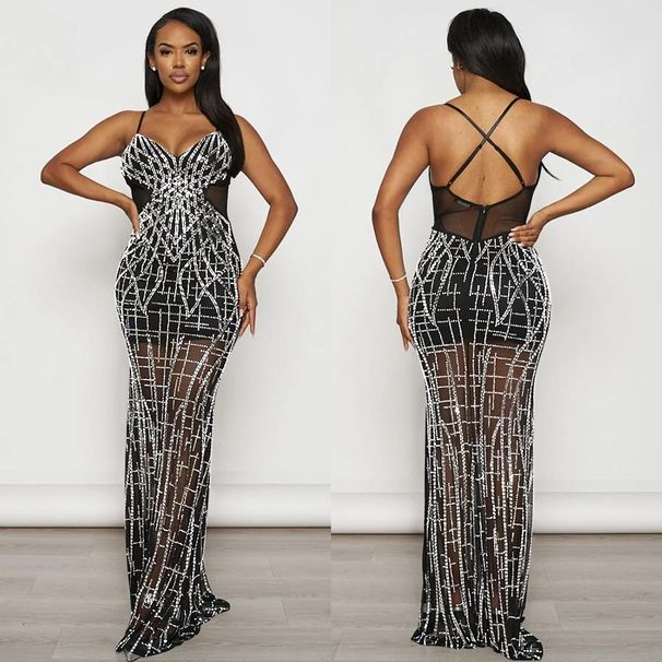 Women's Clothing Solid Color Mesh Hot Diamond Sling Low Cut Sexy Backpack Hip Dress Dress_ecoleips.com