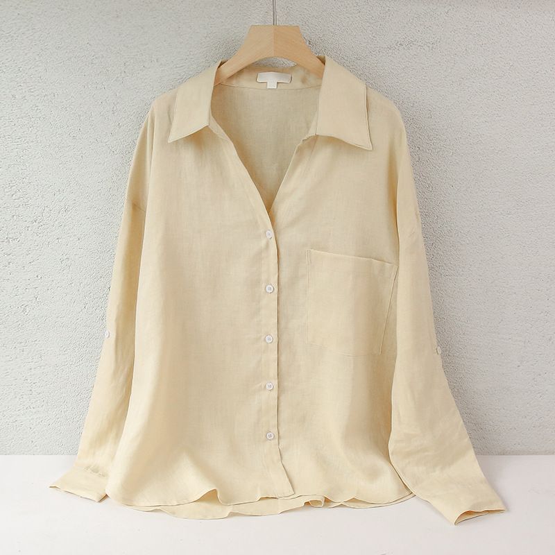 Women's Lightweight Pure Linen Shirt Long Sleeved Sophisticated Simple Solid Color Lapel Cardigan Loose Fitting Sun Protection Top_ecoleips.com