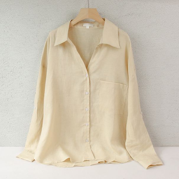 Women's Lightweight Pure Linen Shirt Long Sleeved Sophisticated Simple Solid Color Lapel Cardigan Loose Fitting Sun Protection Top_ecoleips.com