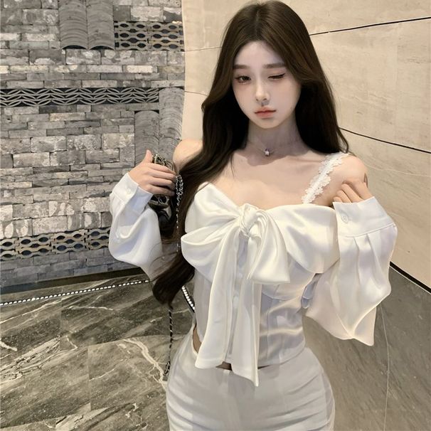 Lace Camisole Shirt With Off-shoulder Design, Satin Blouse, New Autumn Style, Chic And Fashionable Long-sleeve Versatile_ecoleips.com