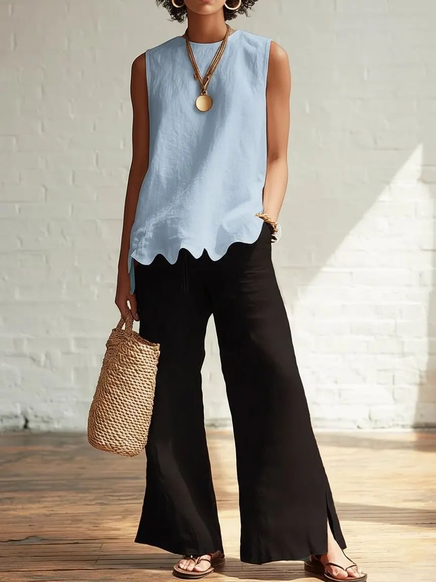 Women's Clothing Spring/Summer Women's Solid Color Round Neck Sleeveless Shirt Elegant Minimalist Ruffled Hem Top For Casual Occasions_ecoleips.com