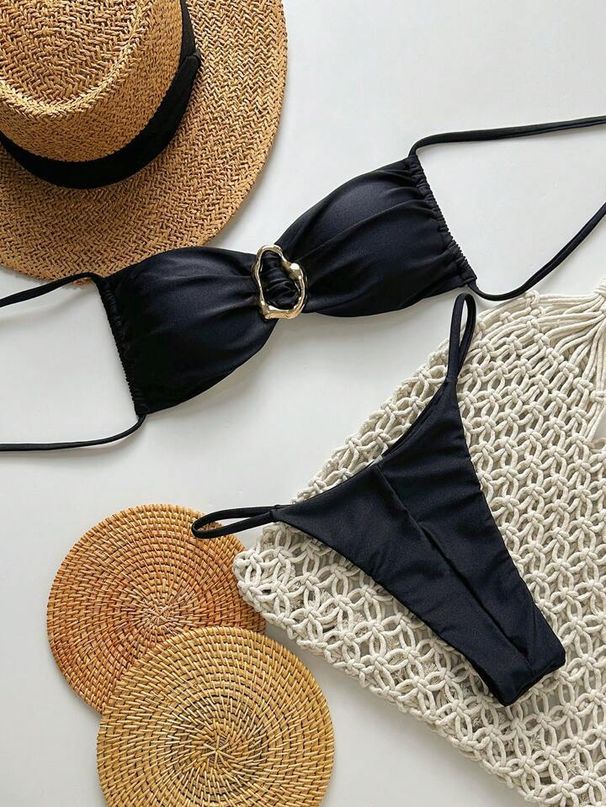 Sexy Glossy Bikini Set - Solid Color Split Swimsuit With Double Fabric, European Style Swimwear_ecoleips.com