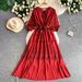 Women's Bohemian Style Embroidered Dress Three Quarter Sleeve Tie Waist Slimming over the Knee Long Skirt Summer Style_ecoleips.com