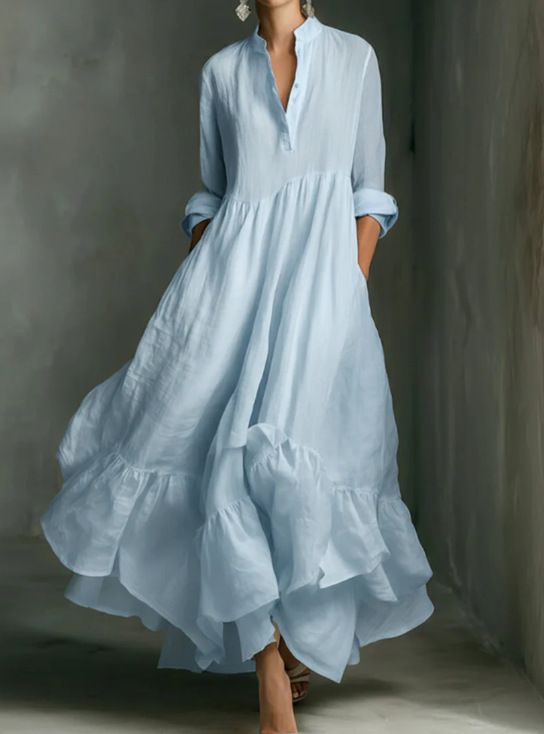 French Style Flowy Maxi Shirt Dress - Lightweight Summer Dress With Full Skirt For Women_ecoleips.com