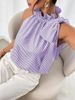 Women's Clothing European American Style Casual High Neck Tie Knot T-Shirt Top Women's Sleeveless Striped Lace_ecoleips.com