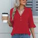 Summer Solid Color V-Neck Mid-Sleeve Knit Top Women's Stylish T-Shirt_ecoleips.com