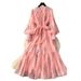 French Style Gentle Embroidered Dress Lantern Sleeve Korean Waist Cinching Belted Mesh A-Line Long Skirt For Elegant Commuting_ecoleips.com