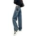 Women's Clothing High-Waisted Wide Leg Jeans Color-Block Pockets Loose Fitting Straight Leg Frayed Edges Petite Floor-Length Design_ecoleips.com