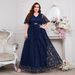 Plus Size Women's Elegant Bridesmaid Dress V Neck Lace Large Skirt Fashion_ecoleips.com