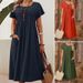 Women's Casual Short Sleeve Dress With Pocket - Solid Color Round Neck Cotton Linen Blend Midi Dress_ecoleips.com