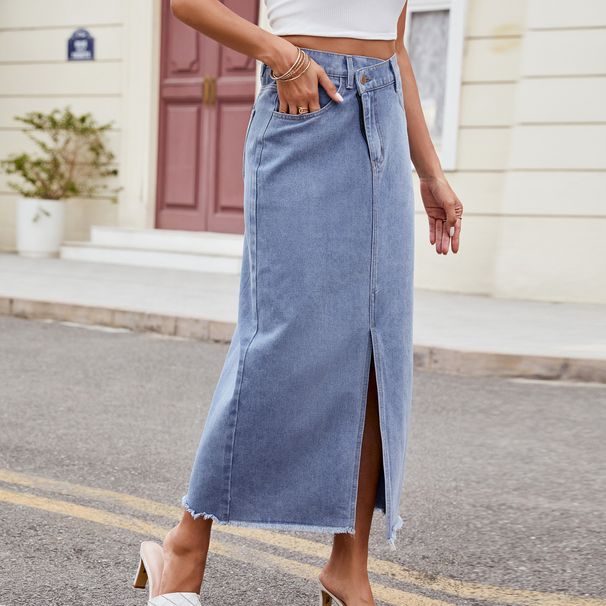 Women's Distressed Denim Maxi Skirt - Asymmetrical Hem & High Slit Summer Long Skirt_ecoleips.com