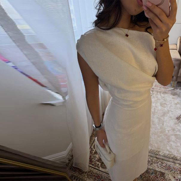 French Style Asymmetrical One Shoulder Waist Cinched Dress Pleated Slim Fit Midi Dress Elegant Casual Party Evening Cocktail Dress_ecoleips.com