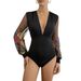 Women's Floral Embroidered Mesh Deep V-Neck Bodysuit, Slim-Fit Long Sleeve Top With Ruffle Sleeves For Date Night & Party_ecoleips.com