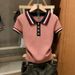 Women's Striped Knit Short Sleeve T-Shirt Retro Color Blocking Slim Fit Spring/Summer New Style Top_ecoleips.com