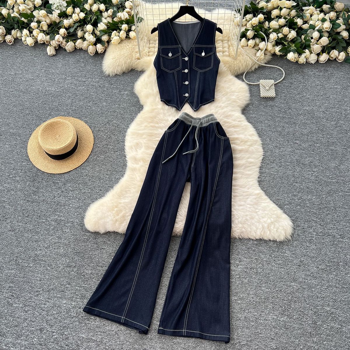 Women's Clothing Fashion V Neck Line Pocket Denim Top High Waist Drape Wide Leg Pants Suit_ecoleips.com
