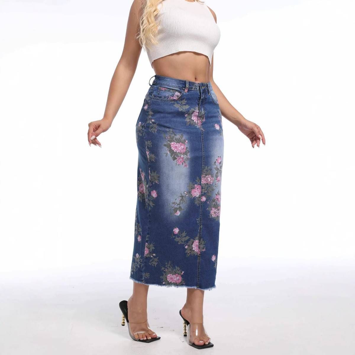 Hip-wrapped Denim Skirt, European And American All-match Slim-fit Sleeve, Back Slit Bottom, Ladies' Blue Long Skirt_ecoleips.com