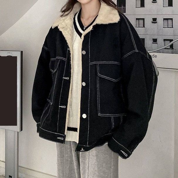 Trendy Winter Denim Jacket For Women – Cozy Fleece-Lined, Oversized Fit, Stylish Bomber Coat With Sherpa Collar (Multiple Sizes & Colors)_ecoleips.com
