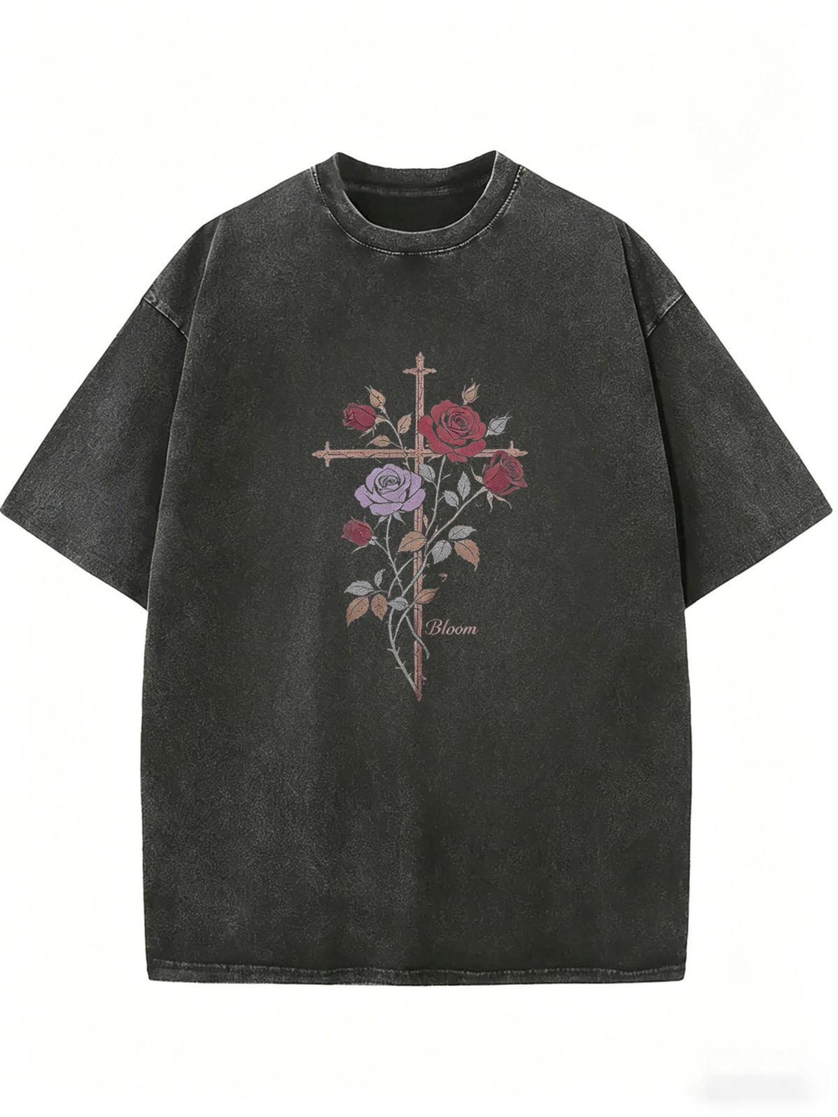 Women's Short-sleeved T-shirt With Blooming Rose Design, Loose-fitting Round Neck, Suitable For Casual Occasions._ecoleips.com