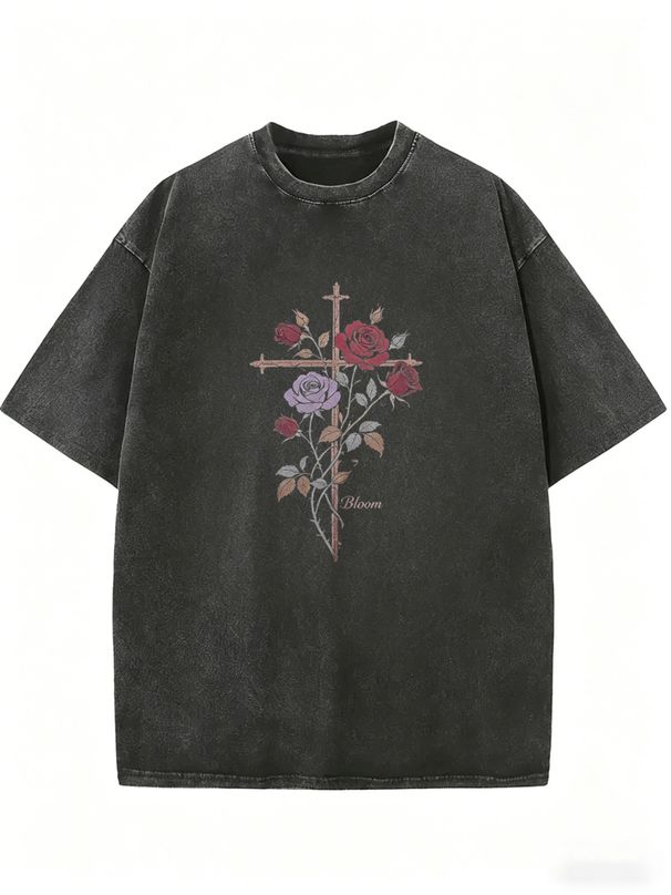 Women's Short-sleeved T-shirt With Blooming Rose Design, Loose-fitting Round Neck, Suitable For Casual Occasions._ecoleips.com