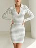 Lightweight Airy Ribbed V Neck Polo Striped Long Sleeve Knit Dress_ecoleips.com