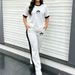 Women's Color Block Two Piece Set European American Style Cross Border Design Letter Logo round Neck Short Sleeve Wide Leg Pants Fashion_ecoleips.com