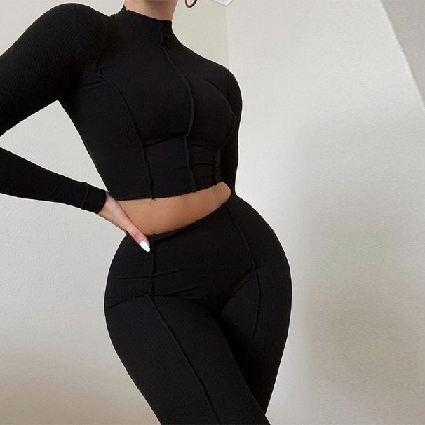 Black Spring Women's Fashion Set With High-Waisted Slim Fit And Pure Color Two-Piece Design_ecoleips.com