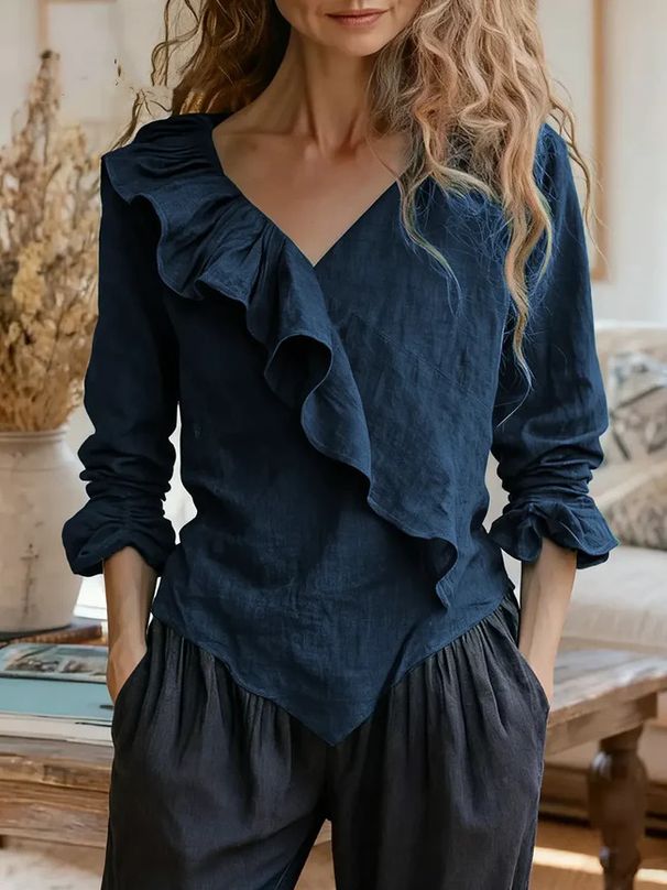 Women's Clothing Solid Color V Neck Long Sleeve V-Neck Flounce Hem Blouse – Lightweight Polyester Tunic Top For Women (Casual & Office Wear)_ecoleips.com