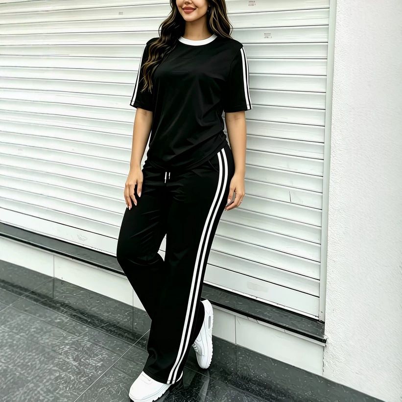 Women's Summer Casual Color Block Striped Design T-Shirt And Pants Set Crew Neck Short Sleeve Loose Fit Fashion Outfit_ecoleips.com