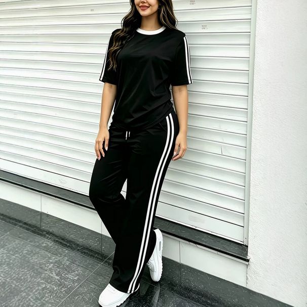 Women's Summer Casual Color Block Striped Design T-Shirt And Pants Set Crew Neck Short Sleeve Loose Fit Fashion Outfit_ecoleips.com