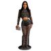 C6318 Fashion Women's Solid Color Mesh Rhinestone Sleeve Long Dress Two-Piece Set_ecoleips.com
