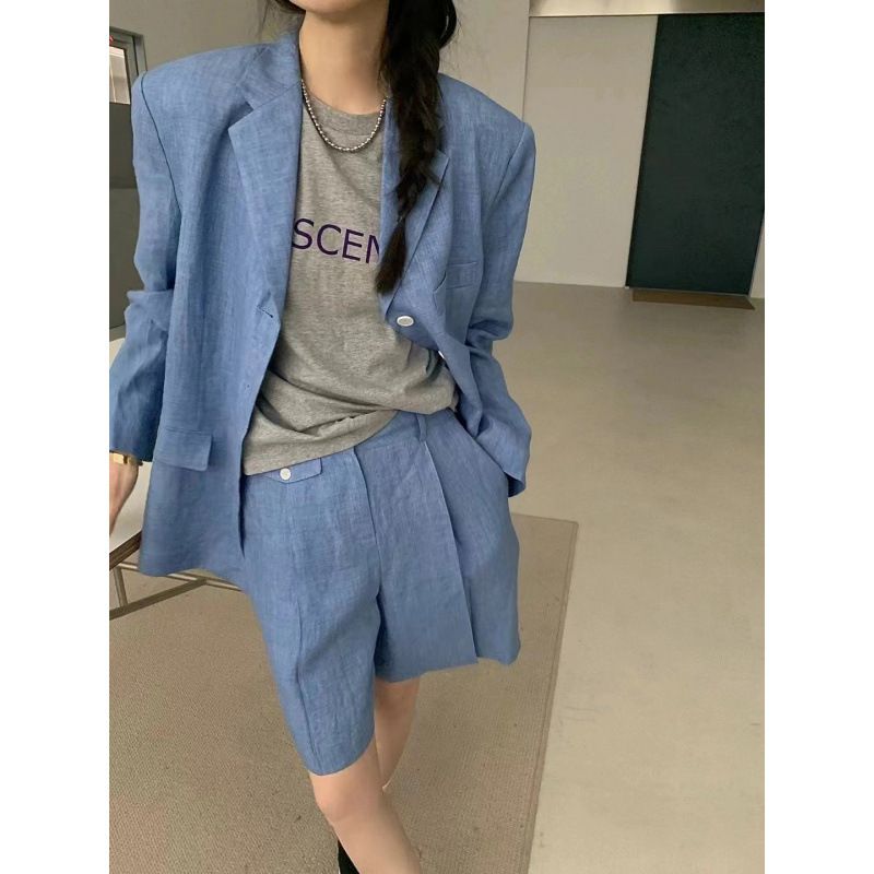 Women's Clothing Long Sleeved Suit Jacket Slanted Pocket Design Casual Shorts Set_ecoleips.com