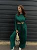 Women's clothing fashion solid color lace short long-sleeved top wide-leg pants two-piece set_ecoleips.com