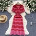 Women's Clothing Light Luxury High End Striped Knitted Dress V Neck Hollow Thin Breathable Slim Design Long Skirt_ecoleips.com