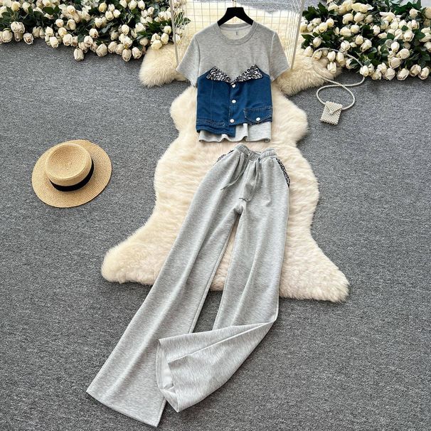 Women's Casual Summer Outfit Set - Denim Patch Short Sleeve Top + High Waist Wide Leg Pants, Two-Piece Matching Set_ecoleips.com