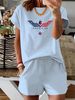 Summer New Letter Pattern T-shirt, Casual Printed Round Neck Short Sleeved Top With Elastic Waist Pocket, Women's Two-piece Set-287_ecoleips.com