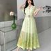 Elegant Floral Print V-Neck A-Line Dress For Women - Chiffon Office & Vacation Dress With Button Details_ecoleips.com
