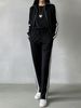 Women's Casual Suit Spring/Autumn/Winter Collection Color Blocked Striped Stand up Collar Zip up Jacket with Drawstring Straight Leg Trousers_ecoleips.com