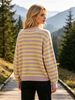 Lilac Yellow Stripe Pit Rib Knit Cardigan, Loose Lightweight Breathable Soft Skin-touch Long Sleeve Round Neck Button Knit Jacket_ecoleips.com