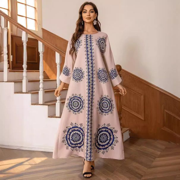 Muslim Home Clothes Bohemian Style Fashion Printing Diamond Beaded Round Neck Robe Female Abaya_ecoleips.com
